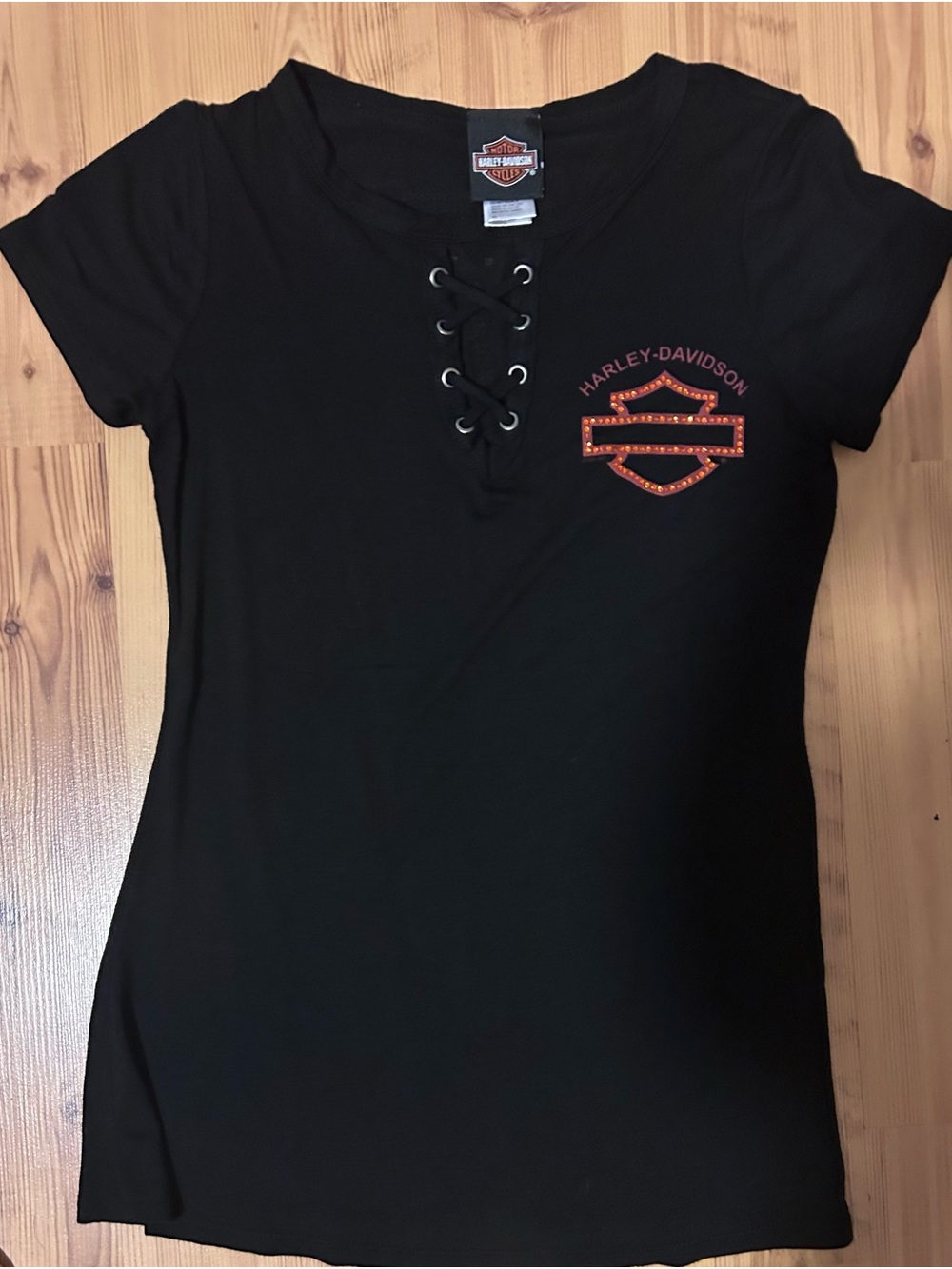 Harley-Davidson Black Lace-Up Short Sleeve Tee with Copper Logo - Picture 3 of 11